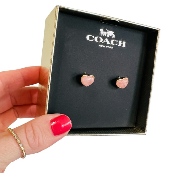New COACH Rose Quartz Earring Studs Gold Blush Pink - Picture 2 of 5